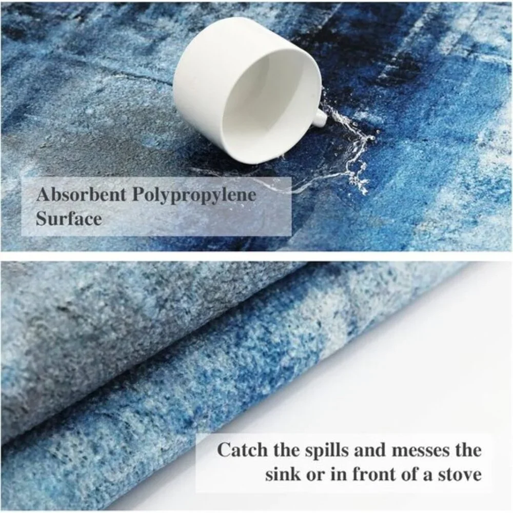 New Blue and Gray Kitchen Mat, Set of 2 Non-Skid Washable Abstract Floor Rugs